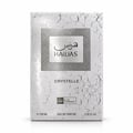 RASASI Hawas Crystelle by Rasasi 100ml EDP — Kotak minyak wangi putih bertekstur marmar retak dengan petak bertekstur perak di tengah memaparkan nama jenama 'Hawas' dalam Bahasa Arab dan Inggeris.