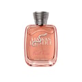 Kenz de Rasasi Hawas Desire First Kiss — Botol minyak wangi kaca jernih berisi cecair rose-gold, dengan lambang ular perak dan penutup perak berukir.