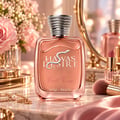 Kenz de Rasasi Hawas Desire First Kiss — Botol minyak wangi rose gold dengan lambang ular perak dan penutup bertekstur, dipamerkan bersama bunga merah jambu, mutiara, dan berus solek di atas permukaan marmar.