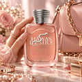 Kenz de Rasasi Hawas Desire First Kiss — Tangan berinai memegang botol minyak wangi rose gold dengan lambang ular perak dan penutup bertekstur, dikelilingi bunga ros merah jambu, beg tangan merah jambu, dan barang kemas.