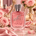Kenz de Rasasi Hawas Desire First Look — Botol minyak wangi merah jambu dengan lambang ular perak dan penutup bertekstur, dikelilingi mawar merah jambu, fabrik sutera, dan lampu hiasan.