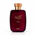 RASASI Hawas Diva oleh Rasasi 100ml EDP — Botol minyak wangi kaca merah tua dengan penutup emas bertekstur, tertulis teks emas Arab dan Inggeris 'Hawas For Her DIVA' dan 'Rasasi' di bahagian bawah.
