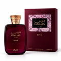 RASASI Hawas Diva by Rasasi 100ml EDP — Botol pewangi merah hati pekat dengan penutup bertekstur emas di sebelah kotak merah hati sepadan yang mempunyai label corak kulit ular merah jambu dengan tulisan emas.