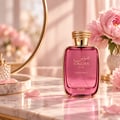 RASASI Hawas Dreams by Rasasi 100ml EDP — Pink perfume bottle with gold accents and intricate cap, placed on a marble surface with pink peonies and a mirror in the background.