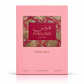 RASASI Hawas Dreams by Rasasi 100ml EDP — Pink textured box with a central rectangular panel featuring Arabic script and 'HAWAS For Her' in gold and red, set against a snakeskin-like pattern. Text 'DREAMS' below.