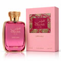 RASASI Hawas Dreams by Rasasi 100ml EDP — Pink glass perfume bottle with gold cap next to a pink box with ornate gold and pink pattern
