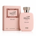 RASASI Hawas Eclat by Rasasi 100ml EDP — Pink perfume bottle and matching box with Arabic and English text, featuring a textured pattern and a crystal-embellished cap.