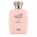 RASASI Hawas Eclat by Rasasi — A light pink perfume bottle with a silver cap encrusted with clear rhinestones. Text on the bottle reads 'HAWAS For Her ÉCLAT' in black.