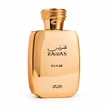 RASASI Hawas Elixir by Rasasi 100ml EDP — A gleaming gold bottle with a snake-like textured cap, featuring Arabic and English text.