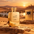 RASASI Hawas Elixir by Rasasi 100ml EDP — Golden perfume bottle and box displayed on desert rocks with a lake and ancient city in the background at sunset.