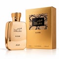 RASASI Hawas Elixir — Gold perfume bottle with ornate gold cap next to a textured gold box with a snakeskin pattern label