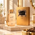 RASASI Hawas Elixir by Rasasi 100ml EDP — Gold perfume bottle with ornate gold cap, next to its textured gold box with snake print detail, on a marble surface with decorative elements.