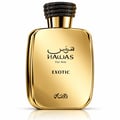 RASASI Hawas Exotic by Rasasi 100ml EDP — A gleaming gold rectangular perfume bottle with Arabic script and 'HAWAS For Him EXOTIC' text, topped with a textured black cap.