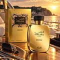 RASASI Hawas Exotic by Rasasi 100ml EDP — Gold bottle and box on a yacht deck at sunset, with sunglasses in the foreground.