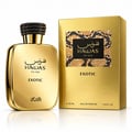 RASASI Hawas Exotic by Rasasi 100ml EDP — Gold bottle with black textured cap next to a gold box with a patterned label, both displaying the RASASI Hawas Exotic logo.