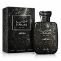 RASASI Hawas For Him Alpha by Rasasi 100ml EDP — A black textured box and a matching black textured perfume bottle with a braided cap, displayed side-by-side against a white background.