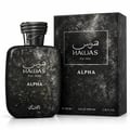 RASASI Hawas For Him Alpha by Rasasi 100ml EDP — Black textured bottle and box with metallic silver accents, featuring Arabic and English text, and a textured cap.