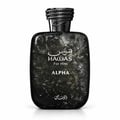 RASASI Hawas For Him Alpha by Rasasi — A black textured perfume bottle with a braided black cap, featuring white Arabic and English text.