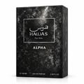 RASASI Hawas For Him Alpha — Black textured box with white text and Arabic script, showing 'HAWAS For Him ALPHA' and 'e 100 ML EAU DE PARFUM 3.38 FL.OZ.'
