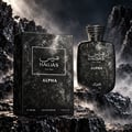 RASASI Hawas For Him Alpha — Black textured perfume box and bottle with Arabic script and 'ALPHA' text, set against a dark, rocky, misty background.