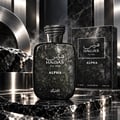 RASASI Hawas For Him Alpha by Rasasi — Dark textured bottle and box with metallic accents and smoke effects, displayed on a marble surface.