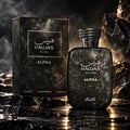 RASASI Hawas For Him Alpha by Rasasi 100ml EDP — Black textured perfume bottle and box set against dark, rocky background with smoke effects.
