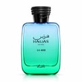 RASASI Hawas For Him La Mer by Rasasi 100ml EDP — Botol minyak wangi kaca jernih dengan gradien biru ke hijau, tertulis teks Arab dan Inggeris, serta penutup hitam bertekstur.