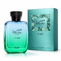 RASASI Hawas For Him La Mer — Botol kaca gradien hijau teal dengan penutup bertekstur hitam, bersebelahan kotak bertekstur logam teal dengan corak kulit ular.