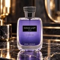 Kenz de Rasasi Hawas For Him Le Parfum — Purple glass bottle with ornate snake-like cap, set on a marble surface with reflections.