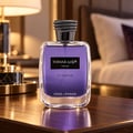 Kenz de Rasasi Hawas For Him Le Parfum by Kenz de Rasasi 100ml Men — A clear glass bottle of purple perfume with a black textured cap, placed on a wooden table with a blurred hotel room background.