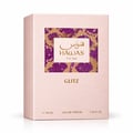 RASASI Hawas Glitz by Rasasi 100ml EDP — A light pink textured box with a purple and gold mosaic pattern on the front, featuring the brand name in Arabic and English, and the text 'For Her', 'GLITZ', 'e 100 ML', 'EAU DE PARFUM', and '3.38 FL.OZ.'