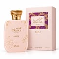 RASASI Hawas Glitz by Rasasi 100ml EDP — A pale pink perfume bottle with gold speckles and a textured gold cap, next to its matching pale pink box with a mosaic-patterned insert.