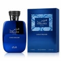 RASASI Hawas Gold Digger by Rasasi 100ml EDP — Botol minyak wangi kaca biru bertutup ala ular bersebelahan kotak biru bertekstur yang sepadan, kedua-duanya ada tulisan emas dan corak kulit ular biru.