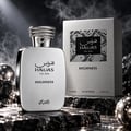 RASASI Hawas Highness by Rasasi 100ml EDP — Silver bottle with ornate silver cap, presented with its silver box on a dark, textured surface with smoke effects and metallic spheres.