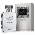 RASASI Hawas Highness by Rasasi 100ml EDP — Silver perfume bottle with ornate cap next to its matching silver box, both featuring Arabic script and 'HAWAS For Him Highness' text.