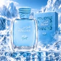 RASASI Hawas Ice Freeze by Rasasi 100ml EDP — Botol minyak wangi kaca jernih berisi cecair biru, penuh titisan air, diletakkan di atas ketulan ais. Kotak biru sepadan di latar belakang, dengan gunung ais dan langit cerah.