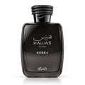 RASASI Hawas Kobra by Rasasi 100ml EDP — Black glass perfume bottle with a coiled snake-like black cap, featuring white Arabic and English text 'HAWAS For Him KOBRA'