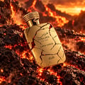 RASASI Hawas Lava Gold by Rasasi 100ml EDP — Gold cracked bottle with red lava glowing through cracks, set against a backdrop of fiery volcanic rocks and molten lava.