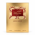 RASASI Hawas Lava Gold by Rasasi 100ml EDP — A gold textured box with a red and gold patterned inset featuring Arabic script and 'HAWAS For Him' text, with 'LAVA GOLD' below.