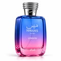 RASASI Hawas London by Rasasi 100ml EDP — Botol minyak wangi kaca berbentuk segi empat dengan gradien biru ke merah jambu, tertulis teks putih 'HAWAS For Him LONDON' dan tulisan Arab, di atasnya penutup perak seperti ular.