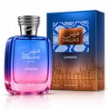 RASASI Hawas London by Rasasi 100ml EDP — Botol minyak wangi kaca gradien biru dan merah jambu dengan penutup bertekstur perak, berdiri di sebelah kotak corak biru dan emasnya yang menampilkan siluet bandar London.