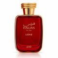 RASASI Hawas Love For Her by Rasasi — Red glass perfume bottle with gold accents and cap, featuring Arabic and English text.
