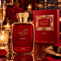 RASASI Hawas Love For Her by Rasasi 100ml EDP — Red glass perfume bottle with gold cap, red box, champagne glass, red roses, and candles in a luxurious setting.