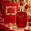 RASASI Hawas Love For Her by Rasasi 100ml EDP — Red perfume bottle and box with gold accents, set against a backdrop of red roses and satin fabric.