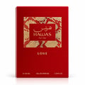 RASASI Hawas Love For Her by Rasasi 100ml EDP — Red textured box with a gold and red patterned square featuring the brand name 'HAWAS' in Arabic and English, and 'For Her'. 'LOVE' is printed below.