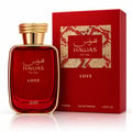 RASASI Hawas Love For Her by Rasasi 100ml EDP — Red glass perfume bottle with gold cap, next to a red box with gold patterned detail. Text reads 'HAWAS For Her LOVE'.
