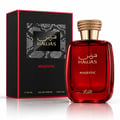 RASASI Hawas Majestic by Rasasi 100ml EDP — Red glass perfume bottle with gold cap next to its black textured box with a snakeskin-patterned insert