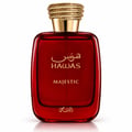 RASASI Hawas Majestic by Rasasi 100ml EDP — A red glass perfume bottle with a textured gold cap, featuring gold Arabic and English text 'Hawas Majestic' on the front.
