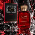 RASASI Hawas Majestic by Rasasi 100ml EDP — Black box with snake print detail and red trim, next to a red glass perfume bottle with gold cap, on a dark surface with oud wood and spices.