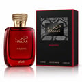 RASASI Hawas Majestic by Rasasi 100ml EDP — Red glass perfume bottle with gold cap, next to its black and red box, surrounded by water splashes and dark rocks.